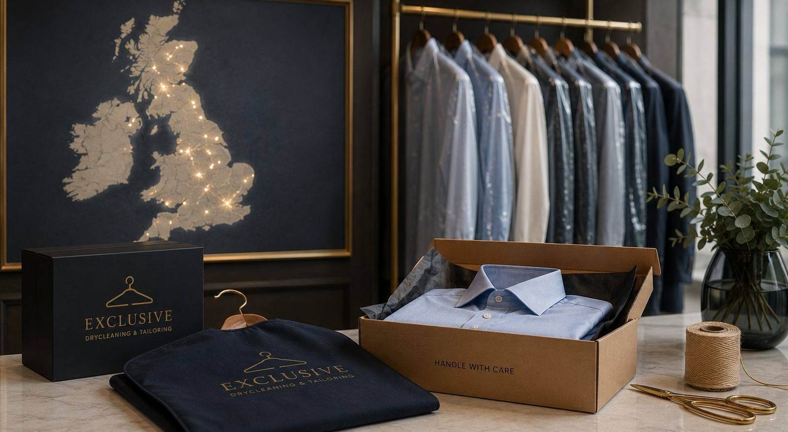 Garments boxed with care beside an illuminated map of the UK